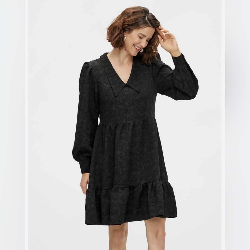 NWT Y.A.S Jacquard Print Collar Detail Mini Dress in Black Size 8